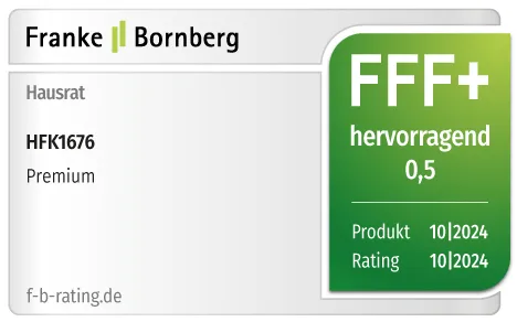 HFK1676 Auszeichnung für den Premium-Tarif der Hausratversicherung von Franke Bornberg. Ausgezeichnet mit FFF+, der Note hervorragend.